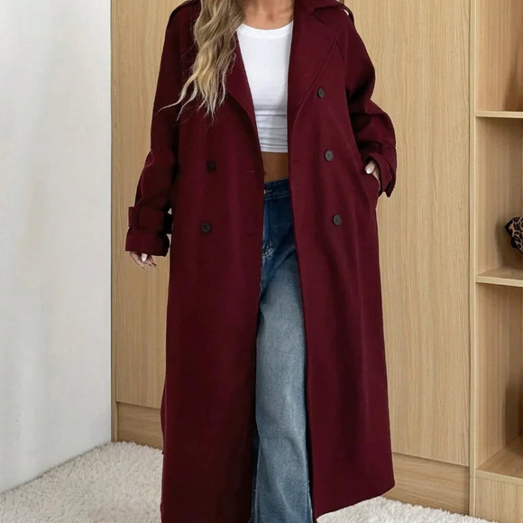 Burgundy Casual Women's Ancora Red Stand Collar Double Breasted Wool Blend Coat - Picture 4 of 7